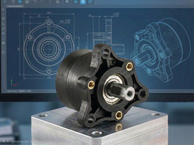 Kupplungen im Wandel Industriekupplung von Kern Antriebstechnik auf einem Sockel, im Hintergrund technische Konstruktionszeichnung einer Kupplung